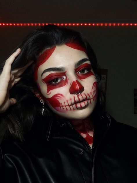 Red Skeleton Makeup, Halloween Makeup Red, Red Skull Makeup, Red And Black Skeleton Makeup, Red Halloween Makeup, Holloween Makeup, Skeleton Makeup, Cute Halloween Makeup, Cool Halloween Makeup