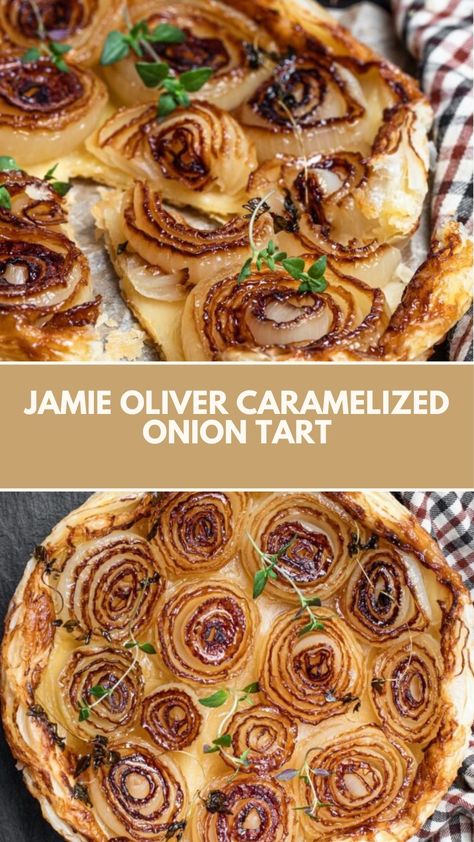 Jamie Oliver Caramelized Onion Tart is made with onions, unsalted butter, fresh thyme, bay leaves, soft dark brown sugar, apple cider vinegar, garlic, and all-butter puff pastry. This easy and delicious Caramelized Onion recipe creates a savory tart that takes about 1 hour and can serve up to 4 people.

This Caramelized Onion Tart Recipe Is From Veg Cookbook By Jamie Oliver. Caramelized Onion Tarte Tatin, Onion Tarte Tatin Jamie Oliver, Onion Tart Puff Pastry, Carmelized Onion Tart, Onion Tart Recipe, Caramelized Onion Tart, Farm To Table Recipes, Tart Recipes Savory, Easy Pastry Recipes