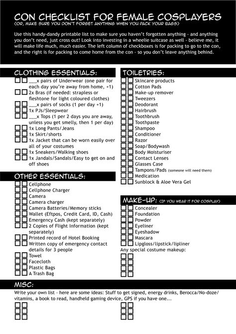 Cosplay Packing List, Cosplay Lineup Template, Convention Packing List, Dance Convention Packing List, Ffa State Convention Packing List, Anime Convention Tips, Cosplay Convention Guide, Easy Cosplay Ideas, National Convention