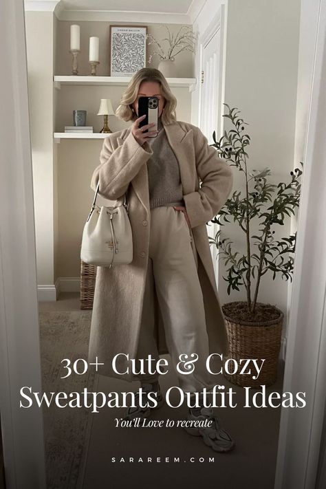 Get inspired with these cute Sweatpants Outfit Ideas for 2024 and 2025! From cozy and comfy looks to chic, casual aesthetics, these sweatpants outfits are perfect for cold weather. Whether you’re looking for school inspo, winter warmth, or just want to stay stylish and cozy, we’ve got you covered. Find casual, cute options in wide-leg and straight-leg styles that are both comfy and trendy for women this season. Embrace winter in style with these sweatpants looks! Sweatpants Work Outfit, Dressy Sweatpants Outfit, How To Style Sweatpants Outfits, Winter Sweatpants Outfit, Dress Up Sweatpants Outfits, Sweat Pants Outfit Winter, Sweatpants Winter Outfit, Sweatpants Outfit Winter, Wide Leg Sweatpants Outfit