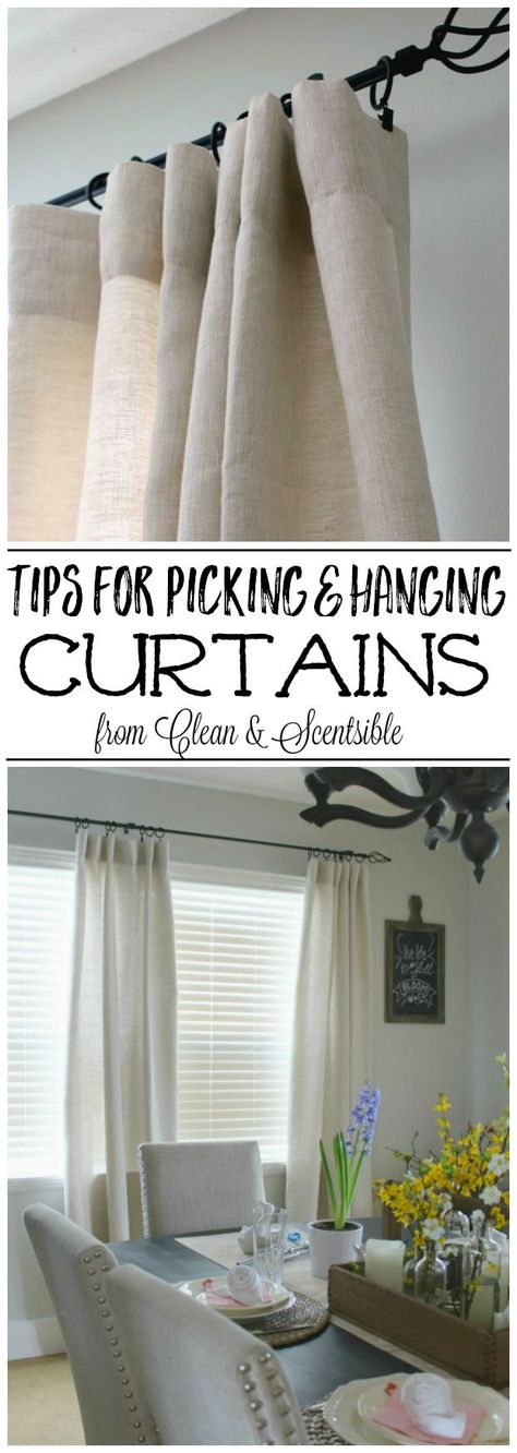 Make sure you purchase the correct sized curtains with these tips for picking the right curtain panel length, width, and fullness as well as how to hang them! Cheap Window Treatments, Farmhouse Window Treatments, Cloth Curtains, Curtain Blinds, Diy Window Treatments, Farmhouse Window, No Sew Curtains, Drop Cloth Curtains, Farmhouse Windows