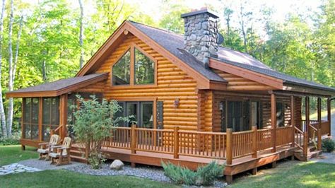 Featured Log Home by Timber Wolf Construction - Custom Log Home Builder, Boulder Junction Wisconsin, custom kitchen cabinets, stone fireplace, and log staris Homes With Wrap Around Porches, Log Home Builders, Log Cabin Living, Log Cabin Ideas, Small Log Cabin, Cabin Floor, Cabin Floor Plans, Cabin House Plans, Log Cabin Homes