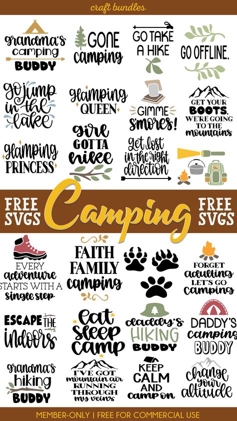 Camping Png Free, Camper Svg File Free, Free Camping Svg Files For Cricut, Camping Svg Files Free, Camping Font, Camping Sayings, Cricut Pins, Cricut Camping, Free Cricut Images