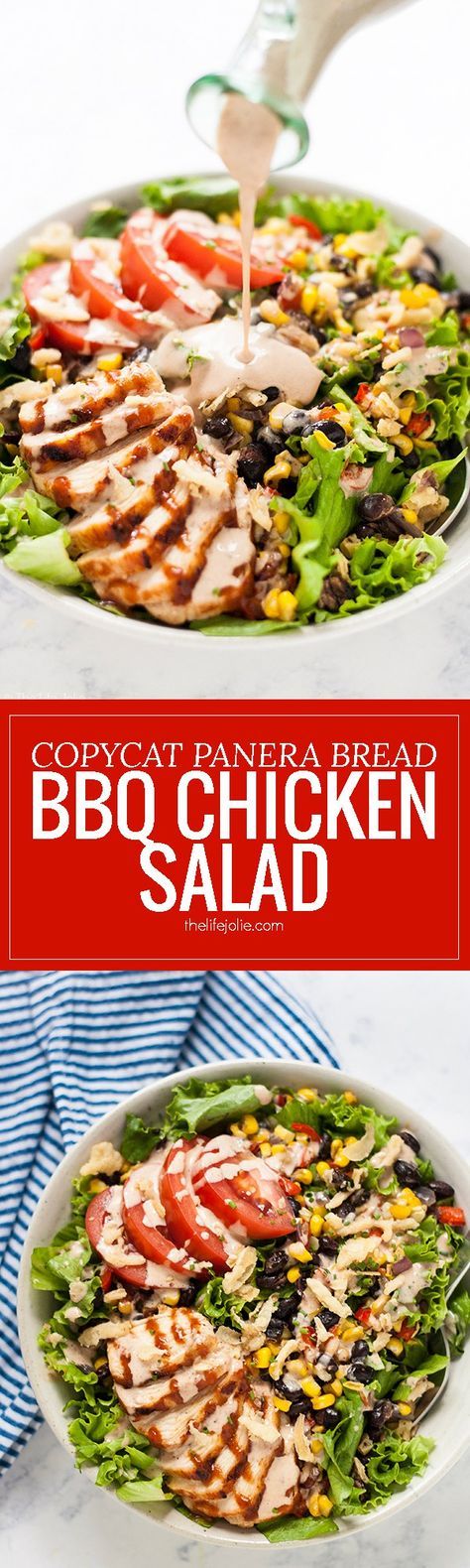 This Copycat Panera Bread BBQ Chicken Salad recipe is a delicious lunch or dinner. Chopped lettuce, tender grilled chicken, roasted corn salsa, tomatoes and crispy french fried onions round out this salad with tangy BBQ sauce and BBQ Ranch dressing drizzled over the top. It's as healthy as it is tasty and so quick and easy that it practically begs you to make it for a simple weeknight dinner! Copycat Panera Bread, Bbq Chicken Salad Recipe, Bbq Ranch Dressing, Panera Salad, Panera Recipes, Roasted Corn Salsa, Chicken Fillets, Copycat Panera, Bbq Salads