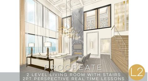 Learn how to use Procreate for Interior Design to draw and render a one point living room with real time video and voice over instructions. Includes worksheets. Hand Rendering, How To Render, Time Video, Point Perspective, Design To Draw, Design Student, Architecture Interior Design, Interior Architecture Design, Architecture Interior