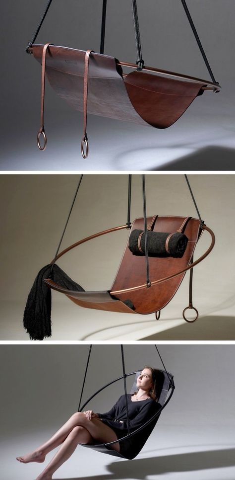 The Sling hanging chair is an exercise in form, function, and minimalism. Stripped away from anything excess, it reduces the chair to its most abstract form, even ditching the legs in the process! The circular frame and leather sheet do two jobs – the more obvious one of allowing a human to sit comfortably, as well as creating an iconic silhouette that makes the Sling chair instantly recognizable and incredibly inviting. VIEW MORE NOW! Shwe Shwe Fabric, Floating Chair, Two Jobs, Simple Floor Plans, Dome Home, Circular Frame, Geometric Lighting, Litter Tray, Sling Chair