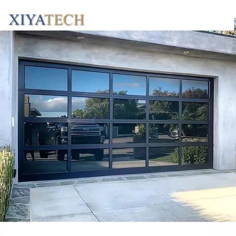 Garage Door Glass Ideas, All Glass Garage Door, Garage Door With Man Door, Mirrored Garage Door, Aluminum Garage Doors Modern, Transparent Garage Door, Mirror Garage Door, Replace Garage Door With Window, Black Glass Garage Door