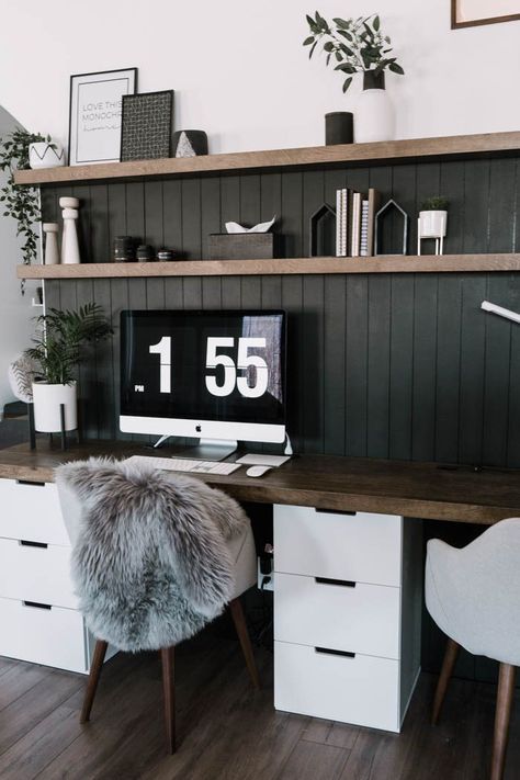 Wow! Stunning office space! Love the before and after of this nook. They took a blank wall and turned it into a beautiful modern computer desk with floating shelves and a black, vertical shiplap background. love the monochrome design and the modern grey desk chairs. Beautiful transformation! #nordic #scandinavian #moderndesign #blackandwhite #office #desk #computer #diyshiplap Industrial Shelves Office, Office Dual Desk, Black Wall In Office, Grey Desk Office Decor, Behind Desk Wall Decor, Grey And Black Office, Wall To Wall Desk, Desk With Floating Shelves, Home Office With Window