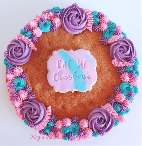 Floral Cookie Cake, Message Cookies, Big Cookies, Lotus Cake, Purple Cookies, Giant Cookies, Letter Cakes, Cake Designs For Girl, Cookie Cake Decorations