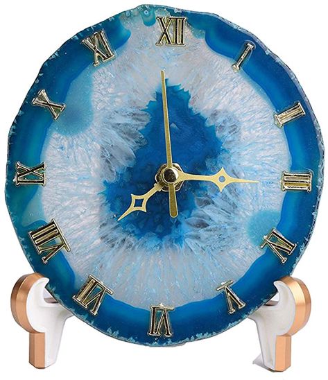 A clock made from a slice of agate. See the crystals? - Enhance Your Home with Blue Agate –A Beautiful Natural(ish) Mineral – myDesign42 Stone Lighting, Agate Coasters, Shades Of White, Blue Agate, Natural Minerals, Gems And Minerals, Clock Design, Natural Stone, Red Green