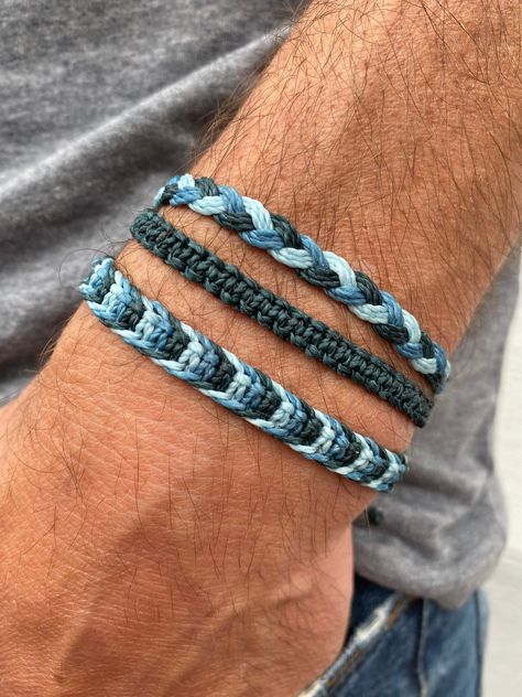 Waterproof bracelets set for men || casual waxed cord jewelry for beach and summer || father's day gift gift for surfer Bracelets For Guys, Mens Jewelry Diy, Mens Bracelet Diy, Cord Bracelet Diy, Square Knot Bracelets, Diy Bracelets With String, Homemade Bracelets, String Bracelets, Surfer Bracelets