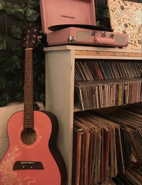 Pink Acoustic Guitar Aesthetic, Pink Musician Aesthetic, Pink Guitar Aesthetic, Pink Music Aesthetic, Cd Record Player, Pink Musician, Record Player Aesthetic, Player Aesthetic, 90s Wallpaper Hip Hop