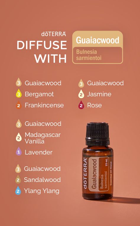 Diffuse with Guiacwood The smoky, earthy scent of Guiacwood smells wonderful in the diffuser alone and when paired with other essential oils. Try these diffuser blends to create a relaxing aroma! https://www.doterra.com/US/en/guaiacwood-oil?utm_campaign=us_jan_2023&utm_source=pinterest&utm_medium=social_organic&utm_content=so_us_pin_01_09_diffusewith_guaiacwood Guaiacwood Doterra, Guaiacwood Diffuser Blends, Sandalwood Diffuser Blend, Spa Essential Oils, Terra Essential Oils, Essential Oil Perfumes Recipes, Do Terra, Doterra Diffuser, Doterra Diffuser Blends