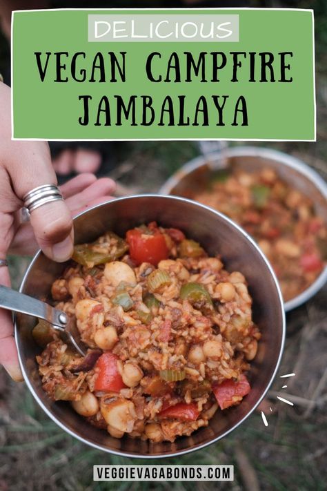 This vegan campfire jambalaya recipe is one of our favourite meals to cook on camping trips. A unique taste, warming and easy to make, this vegan-alternative to the camping classic is always a hit. For more plant-based camping recipes, check out veggievagabonds.com Campfire Jambalaya, Campfire Jambalaya Recipe, Vegan Camping Food, Fire Recipes, Camp Meals, Campfire Dinners, Vegan Jambalaya, Meals To Cook, Vegan Grilling