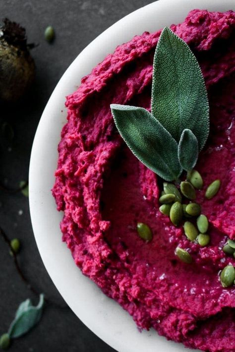 Creamy Roasted Beet Hummus - Nourished by Caroline Vegetarian Dip Recipes, Pink Hummus, Vegetarian Dips, Beet Hummus Recipe, Banana Bran Muffins, Vegetarian Dip, Easy Lunches For Work, Roasted Beet Hummus, Healthy Hummus