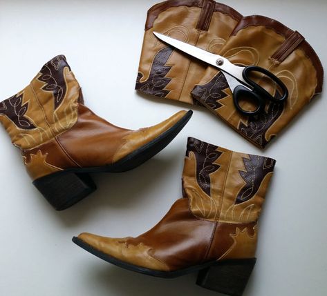 My DIY Refashioned Cowboy Boots - Confessions of a Refashionista Old Cowboy Boots Crafts Diy, Diy Cowboy Boots, Old Cowboy Boots Crafts, What To Do With Old Cowboy Boots, Repurposed Cowboy Boots, Repurpose Cowboy Boots, Recycle Cowboy Boots, Upcycle Cowboy Boots Diy, Diy Cowboy Costume