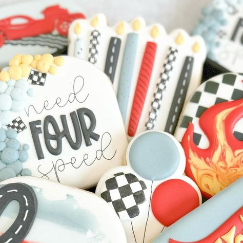 Rocio Carranza on Instagram: "Need four speed 🔥🏁🏎️
.
.
#needfourspeed #needfourspeedcookies #hotwheelscookies #carcookies #birthdaycookies #cookies #cookiesofinstagram #sugarcookies #royalicing #customcookies #cookiedecorating #cookieart #thecookiebarcc #northcarolinacookies #nccookies #fouroakscookies" Fourth Birthday Cookies, Need Four Speed Cookies, Boys Fourth Birthday Ideas, Need 4 Speed Birthday, Need Four Speed, Car Cookies, Fourth Birthday, Birthday Themes, 1st Birthdays