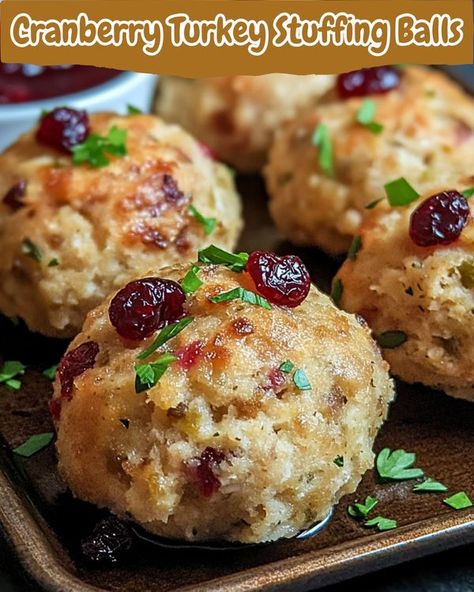 Thanksgiving Lunch Ideas, Sausage Stuffing Balls, Recipes For Potluck, Meatloaf Balls, Stuffing Meatballs, Christmas Breakfast Brunch, Turkey Balls, Stuffing Balls Recipe, Cranberry Stuffing