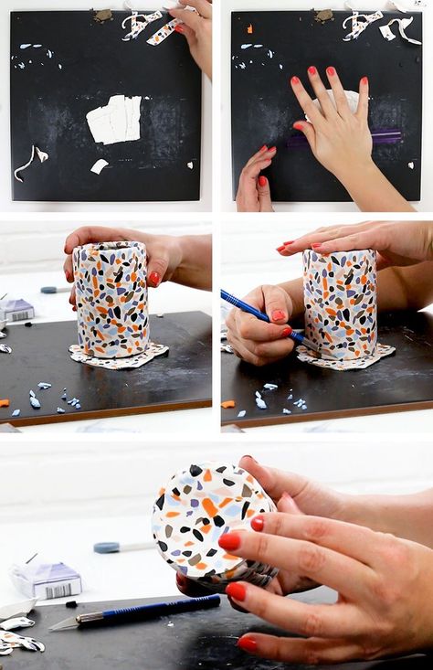 DIY Terrazzo Planter with Oven Bake Clay - learn how to make a cool terrazzo effect with clay!  #terrazzo #clay #claycrafts #ovenbakeclay #sculpey #persialou #clayart Terazzo Ceramic Diy, Eslimi Pattern, Clay Terrazzo, Terrazzo Clay, Diy Oven, Diy Terrazzo, Terrazzo Planter, Recycling Business, Bake Clay