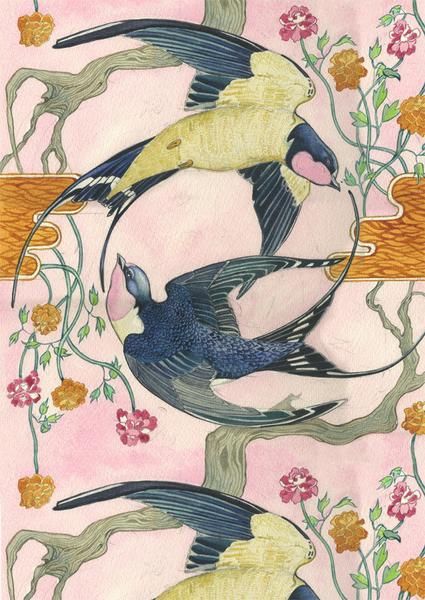 Swallow Bird Painting, Animals In Art, Swallow Design, Animal Designs, Artistic Illustration, Swallow Painting, Fiori Art Deco, Repeating Pattern Design, Motifs Art Nouveau