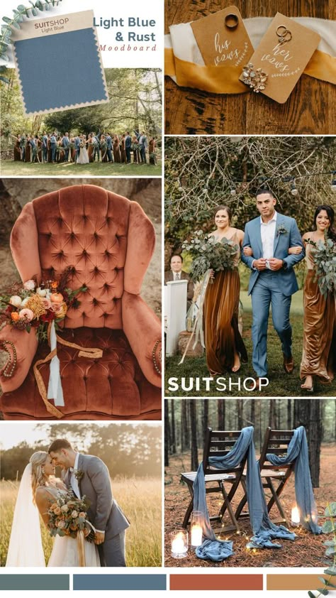 Light Blue Suit, Rust Bridesmaids Dress, Light Blue Groomsman Suit, Light Blue Wedding Suit, Merigold Bouquet, Rustic Chairs, Vintage Rust Chair Blue Rust Wedding, Blue And Rust Wedding, Rust Wedding, Fall Wedding Color Schemes, Rusting Wedding, Light Blue Suit, Future Wedding Plans, Wedding Theme Colors, Theme Color