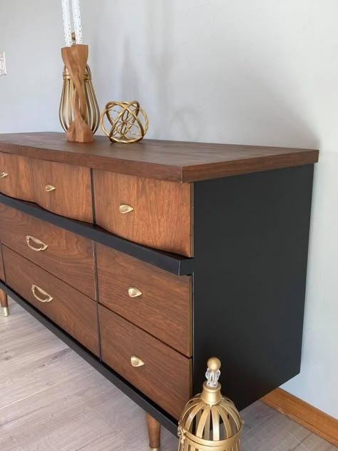 Antique Walnut MCM Dresser | General Finishes Design Center Two Tone Mcm Dresser, Restored Antique Dresser, Antique Walnut Dresser, Refurbished Mcm Dresser, 9 Drawer Mcm Dresser Makeover, Black Mcm Dresser, Refurbished Vintage Dresser, Mcm Refinished Dresser, Refinished Mid Century Dresser