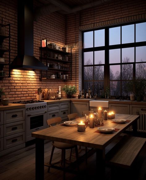 Mansion Interior Kitchen, 70s House Aesthetic, Red Brick Interior, Warm Kitchen Ideas, Brick Living Room, Dark Dining Room, 70s House, 70s Interior, Warm Kitchen