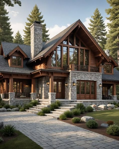 Cute Cabin Exterior, House Fasade Idea, Hawaiian House Exterior, Rustic Mountain Home Exterior, Mountain Modern Home Exterior, Beautiful Mountain Homes, Cabin House Aesthetic, Log House Design, Cabin House Interior