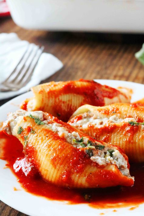 Stuffed Shells With Meat and Cheese Recipe - The Anthony Kitchen Pasta Recipes With Ground Beef, Jumbo Shell Recipes, Stuffed Shells With Meat, Ground Beef Pasta Recipes, Shell Pasta Recipes, Shell Pasta, Stuffed Shells Ricotta, Jumbo Pasta Shells, Recipes With Ground Beef