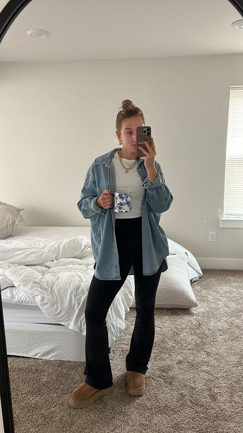 Camilla Hoops curated on LTK Simple Fall Mom Outfits, Cute And Comfy Work From Home Outfits, Fall Work Outfits Jeans, Mama Fall Outfits, Short Sleeve Button Down Outfit Summer, Flare Leggings Oversized Shirt, Thrifted Mom Outfits, Oversized Denim Button Up Shirt Outfit, Leggings With Long Shirt