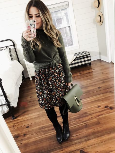 Black floral print dress+black tights+black ankle boots+olive green turtleneck sweater tied at the waist+olive green leather backpack. Fall Casual Date / Weekday Outfit 2018 Style A Floral Dress, Sweater Over Dress, Black Floral Print Dress, Floral Dress Outfits, Hodge Podge, Winter Dress Outfits, Fall Dress Outfit, Black Dress Outfits, Outfit Fall