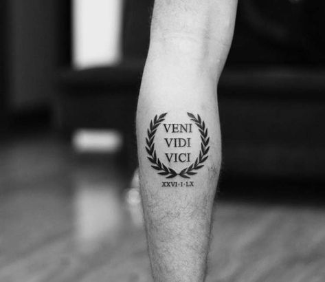 Veni Vidi Vici tattoo by Daniel Bedoya | Post 24168 Veni Vidi Vici Tattoo, Marathon Tattoo, Above Elbow Tattoo, Latin Tattoo, Roman Tattoo, Wreath Tattoo, Small Neck Tattoos, Private Tattoos, Bird Tattoo Wrist