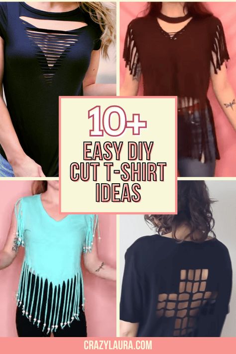 We've got something exciting for you: DIY cut T-shirt ideas! These will revolutionize your wardrobe without requiring any sewing skills. #DIY #Upcycled #Handcrafted Shirt Distressing Diy, Cutout Tshirt Diy Shirt Ideas, Diy Distressed Shirt, How To Cut A Tshirt Cute, Diy Cutout Shirt, Cut Tshirt Designs, Braided Shirt, Shirt Alterations, Cut Tshirt Diy