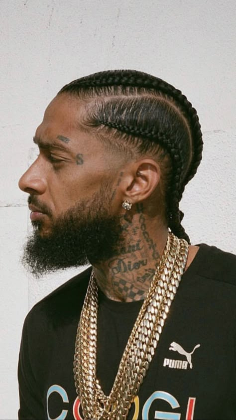 Nipsey Hussle Cornrows, Nipsey Braids, Nipsey Hussle Braids, 2 Big Braids, Nipsey Hussle Puma, Nipsey Hussle Black And White, Nipsey Hussle Chain, Head Braid, Braids With Fade