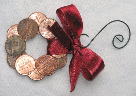 Penny Wreath Christmas Holiday Ornament by PumpkinandParsnip Coins Decoration Ideas, Decoration Ideas Christmas, Christmas Candy Crafts, Warm Apple Cider, Wreath Ornament, Christian Crafts, Candy Crafts, Christian Decor, Christmas Memory