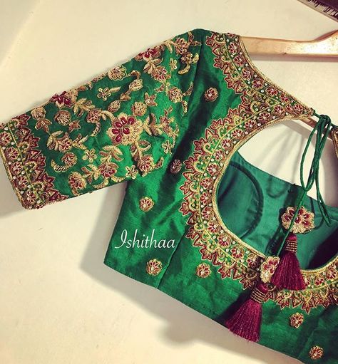 Neon green contrast blouse for a beautiful maroon saree ! 😍 Custom made for Swathika for her baby shower ceremony ! 😁 . . Ping us on… Attractive Things, Green Blouse Designs, Blouses Designs, Pattu Saree Blouse Designs, Saree Floral, Wedding Saree Blouse Designs, Traditional Blouse Designs, Lehnga Dress, Cutwork Blouse Designs