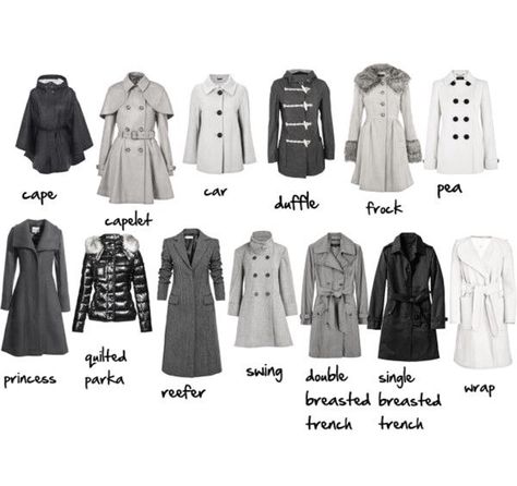 Coat styles & descriptions Coat Types Women, Different Types Of Jackets For Women, Dress Description Writing, Styles Of Clothing Names Aesthetic, Outfit Descriptions Writing, Types Of Jackets Names, Clothes Description Writing, Types Of Trench Coats, Types Of Jackets For Women