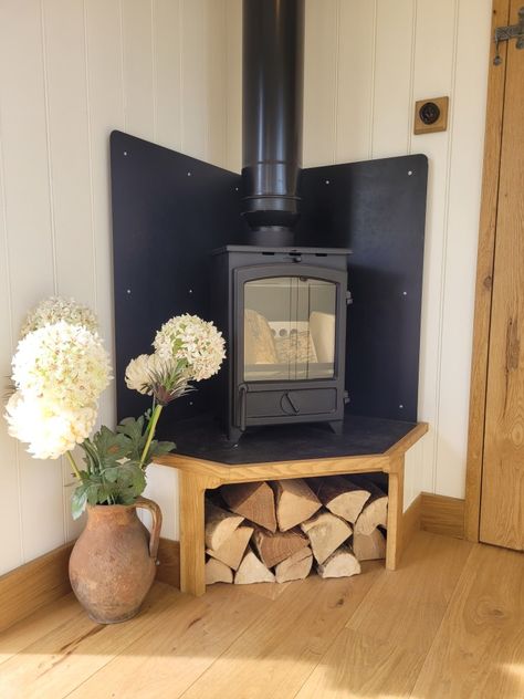 Small Wood Burner, Tiny House Fireplace Wood Burning Stoves, Small Fireplace Ideas Wood Stoves, Wood Stove In Living Room Corner, Small Living Room Wood Stove, Corner Wood Stove With Wood Storage, Small Wood Burning Stove Corner, Small Wood Burning Stove Tiny House, Wood Stove In Bedroom