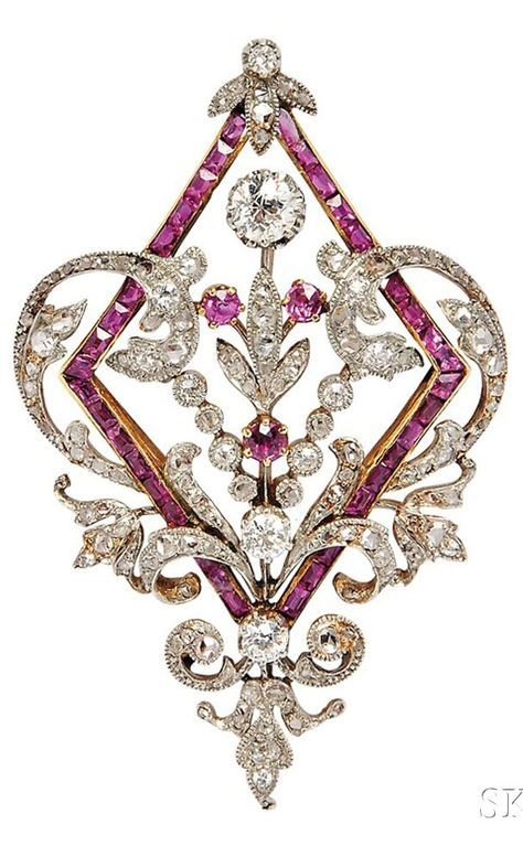 A Belle Epoque Ruby and Diamond Pendant/Brooch, French. Of navette-form, with… Bijoux Art Deco, Bijoux Art Nouveau, Edwardian Jewelry, Ruby Jewelry, Deco Jewelry, Fabulous Jewelry, I Love Jewelry, Victorian Jewelry, Vintage Jewels