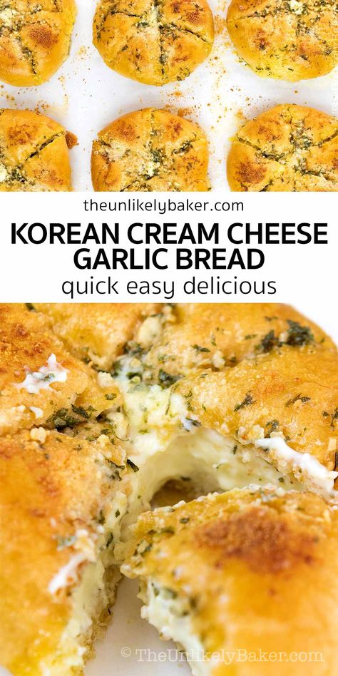 Korean Cream Cheese Stuffed Garlic Bread, Sweet Garlic Bread, Korean Style Sweet Bread, Korean Style Cream Cheese Garlic Bread, Garlic Bread With Cream Cheese, Korean Garlic Cheese Bread Recipe, Cream Cheese Garlic Buns, Garlic Cream Cheese Recipes, Garlic Cream Cheese Rolls