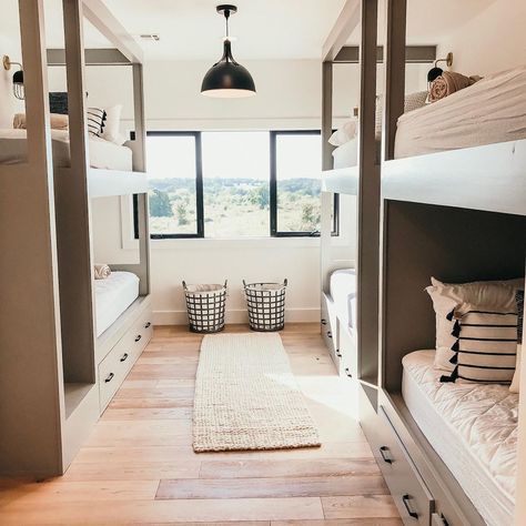 M A D I S O N  V I N I N G on Instagram: “The kids have been sleeping in the bunk room together every night (when we haven’t been in the tornado shelter, that is 😳🌪). When we were…” Four Bunk Beds, Built In Bunk Beds, Bunk Room Ideas, Friends Sleepover, Modern Bunk, Custom Bunk Beds, House Bunk Bed, Bunk Beds Built In, Built In Bunks