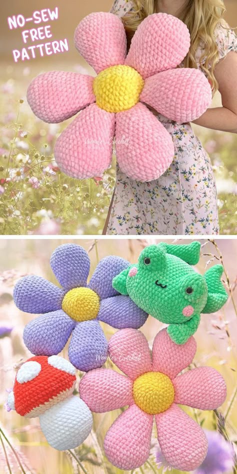 Crochet Flower Stuffed Animal, Stuffed Flower Crochet Pattern, Crochet Stuffed Flowers Free Pattern, Crochet Chunky Flower, Crochet Flower Plush Pattern Free, Amigurumi Free Pattern Flower, Crochet Fluffy Flower, Chunky Yarn Animal Crochet Pattern, Flower Crochet Pillow Pattern