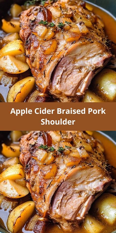 This apple cider braised pork shoulder recipe creates a juicy, tender, and flavorful main dish that’s perfect for cozy dinners, holidays, or special gatherings. Made with a pork shoulder roast (or Boston butt) seared to Pork Recipes Dutch Oven, Pork Bone In Recipes, Cooking Pork Shoulder In Crockpot, Apple Braised Pork, Pork Chop Brine Recipes Apple Cider, Pork Shoulder Picnic Roast Recipes, Shoulder Of Pork Recipes, Pork Roast In A Dutch Oven, Shoulder Pork Roast Recipes