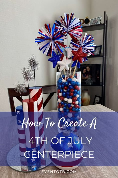 This super simple DIY Fourth of July Centerpiece is perfect for your patriotic party! With just a few supplies and about ten minutes, you can make this red, white and blue centerpiece too! I have a full video tutorial on this blog post for the 4th of July DIY. Check it out! 4th Of July Center Piece Diy, 4th Of July Party Centerpieces, Patriotic Vase Filler Ideas, Elegant Red White And Blue Centerpieces, Fourth Of July Centerpieces Simple, Patriotic Centerpieces Elegant, Fourth Of July Centerpiece, Red White Blue Centerpieces Simple, Forth Of July Party Decorations Diy