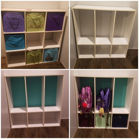 Room essentials 9 cube storage shelf converted into school bag backpack station, locker, cubbies for my kids.  :) Dress Up Cube Storage, Daycare Shelf Organization, Entrance Backpack Storage, Hallway Storage School Bags, Cube Storage Mudroom Hack, Backpack Shelf Ideas, 9 Cubby Storage Ideas, Diy School Cubbies, Cube Storage Drop Zone