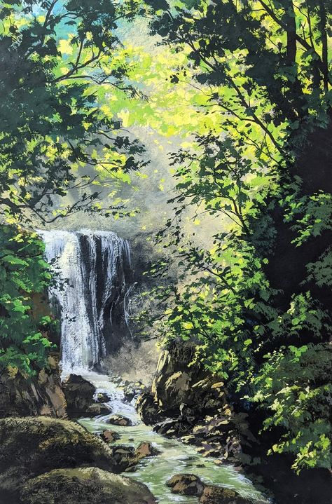 Canvas Painting Ideas Waterfall, Forest Painting Landscape, Landscape Gouache Painting, Painting Ideas Scenery, Acrylic Painting Scenery, Watercolour Scenery, Painting Acrylic Landscape, Watercolour Painting Landscape, River Paintings