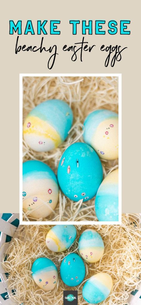 DIY Beach Easter Eggs - Inspired by drone photography. By Jenny of Sweet Teal #easter #eastereggs #easterDIY #makethis Easter At The Beach Ideas, Easter Egg Dinosaur, Resin Easter Eggs, Epoxy Resin Easter Eggs, Yarn Eggs With Glue, Diy Beach, Idle Hands, Boyfriend Crafts, Easter Egg Dye