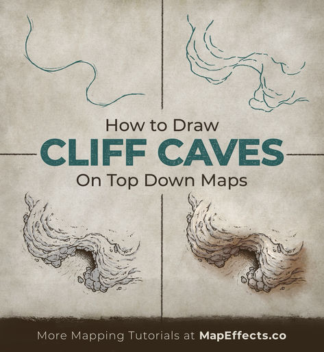 Drawing tutorial on how to draw a cave entrance on a fantasy rpg map in top down perspective. Cave Drawing Tutorial, Environment Map, Map Symbols, Map Sketch, Fantasy Map Making, Create Your Own Adventure, Map Maker, Fantasy World Map, Writing Fantasy