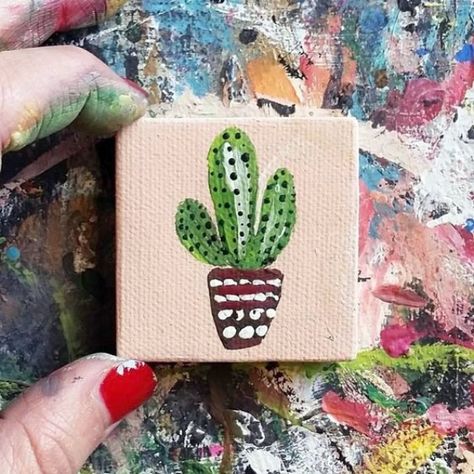 Cute Succulent Drawing, Mini Canvas Drawing, Canvas Drawing Ideas, Succulent Drawing, Mini Canvas Painting Ideas, Acrylic Projects, Cacti Art, Painted Cactus, Succulents Drawing