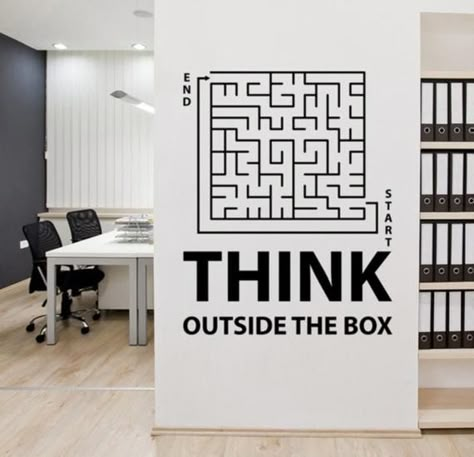 Think Outside The Box Inspirational Quote Wall Decal Startup | Etsy Office Wall Graphics Inspiration, Library Styling, Think Outside The Box Art, Think Out Of Box, Office Space Quotes, Startup Office Design, Business Classroom, Space Branding, Maze Labyrinth